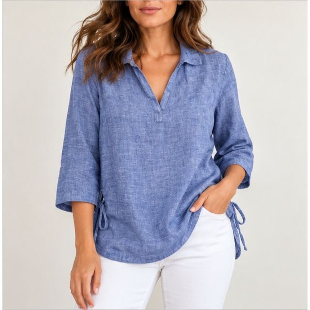 Isaac Mizrahi Womens Linen Popover Tunic Blouse Top 3/4 Tie Sleeve Oversized L